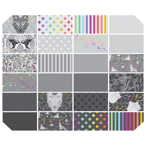 A collection of 24 fabric swatches with various gray and multicolored patterns, including animal prints, geometric shapes, and dots.