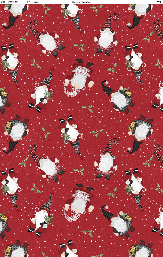 Snowy Gnomies || Wilmington Prints || Scattered Gnomes Red