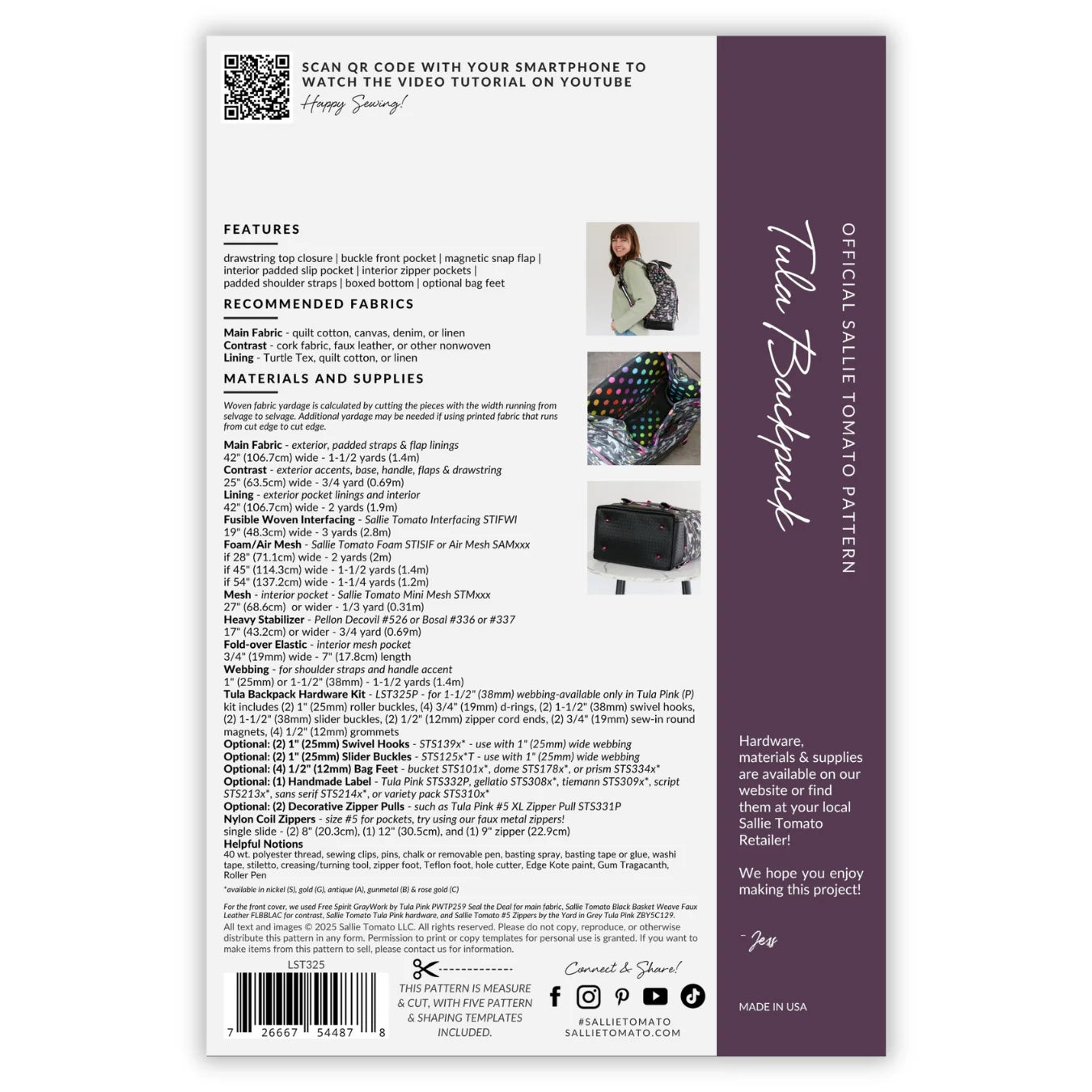 Tula Backpack Pattern - Sallie Tomato + Tula Pink