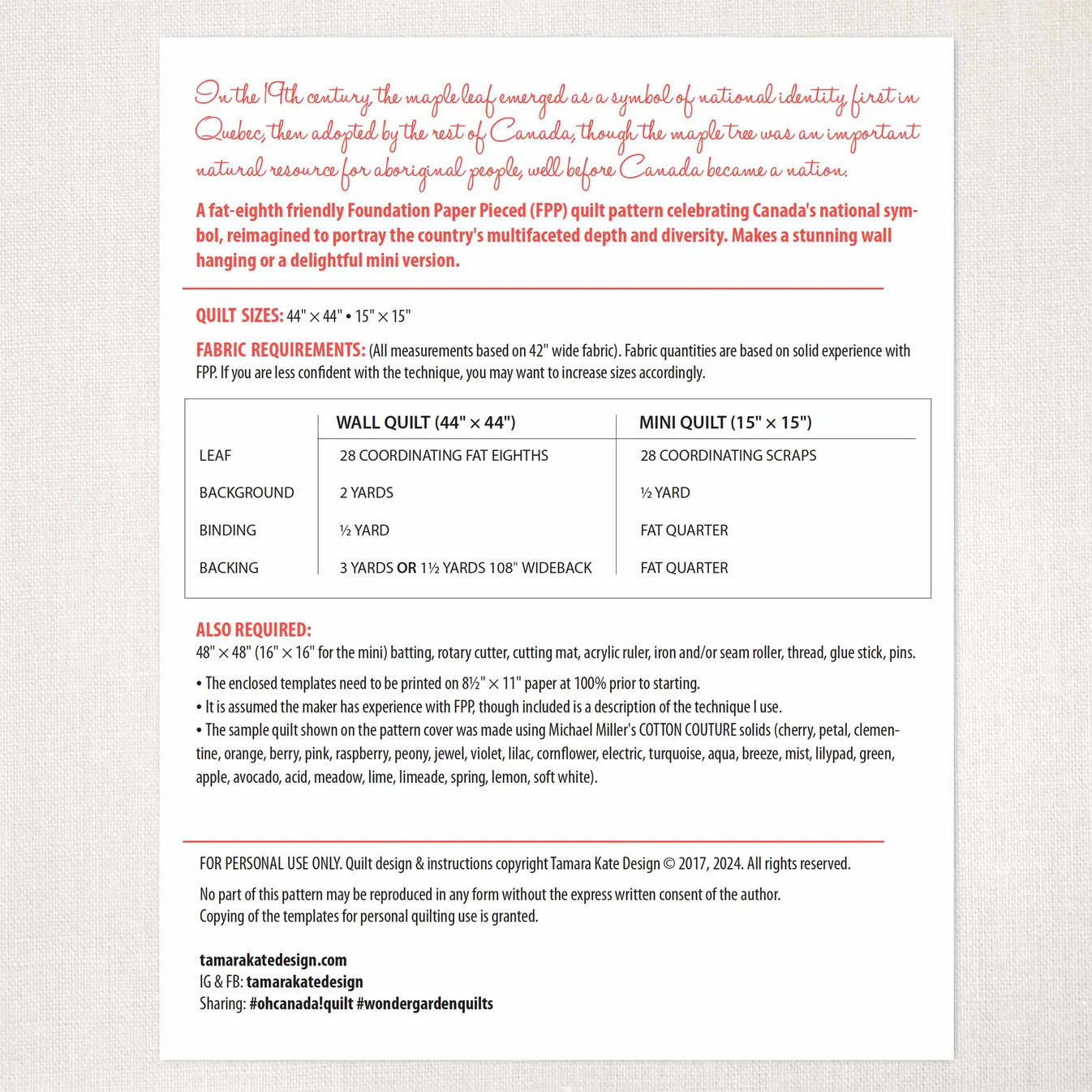 Oh Canada Quilt Pattern - Tamara Kate