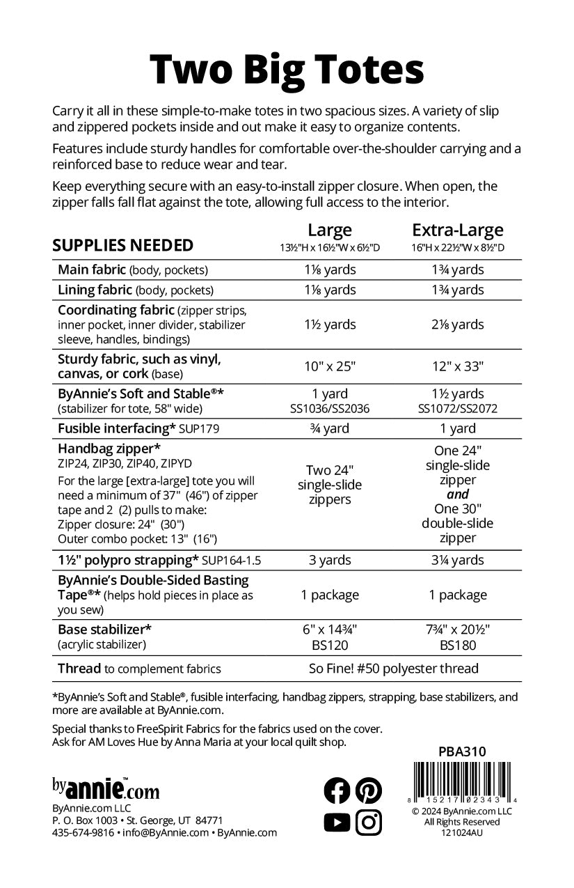 Two Big Totes Pattern || By Annie