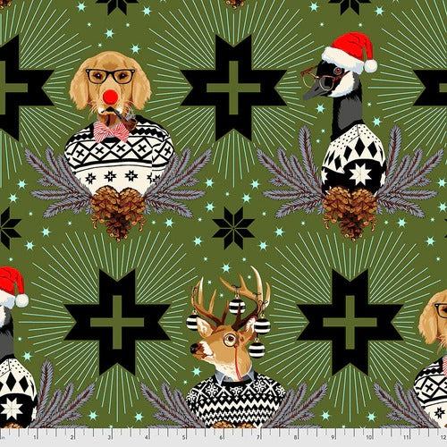 Tula Pink's Holiday Homies Flannel - Buck, Buck, Goose - Pine Fresh
